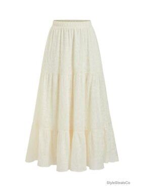 Women's Embroidered Lace Tiered Maxi A-Line Skirt with Pockets